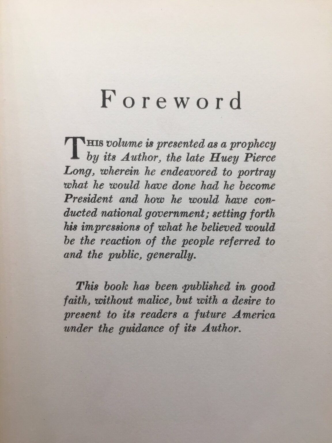 Huey Long First Days In White House First Edition Book