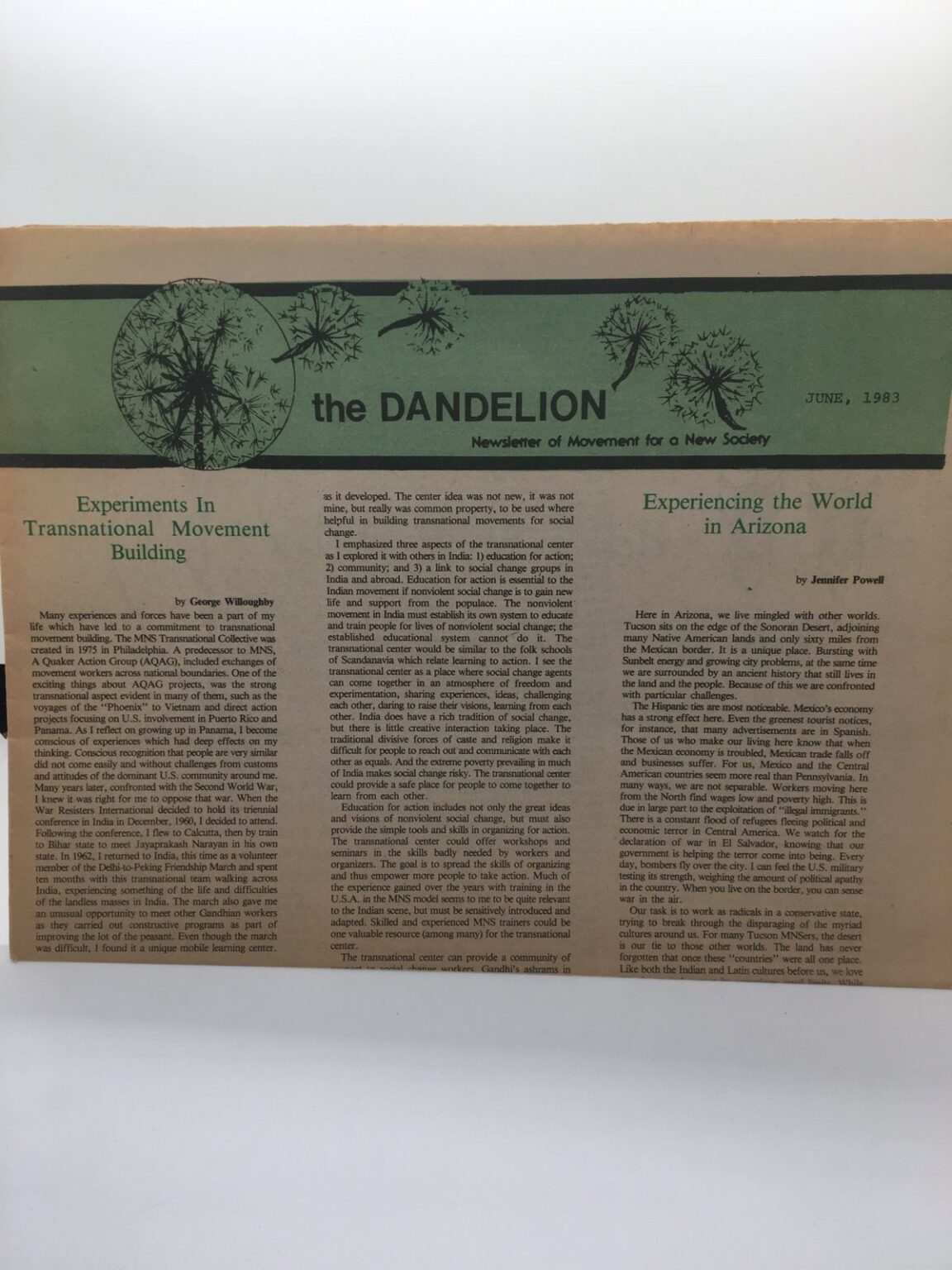 Dandelion Newsletter June 1983 Movement For A New Society Bill Moyers George WIlloughby Mayan Genocide Guatemala