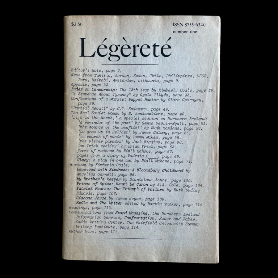 Légèreté Legerete No 1 Daphne Alabama 1985 Kimberley Coale Legerete International Writers Union Northern Ireland