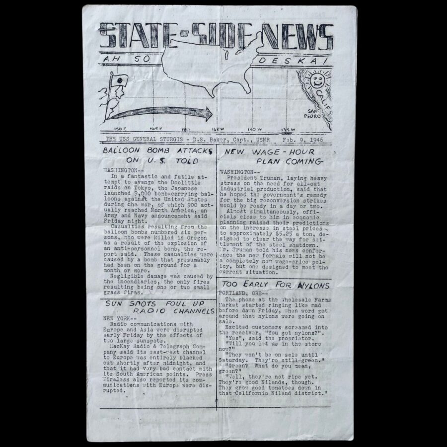 USS General Sturgis State Side News Newspaper Newsletter Japanese Occupation Japan WII US Army 1946 Balloon Bombs